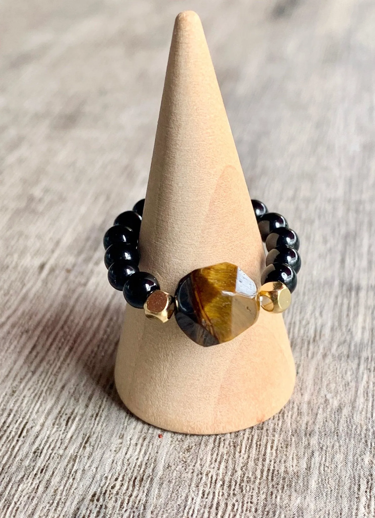 🔴SOLD🔴 Sparky Handmade Black Tourmaline and Tiger's Eye Expandable Ring