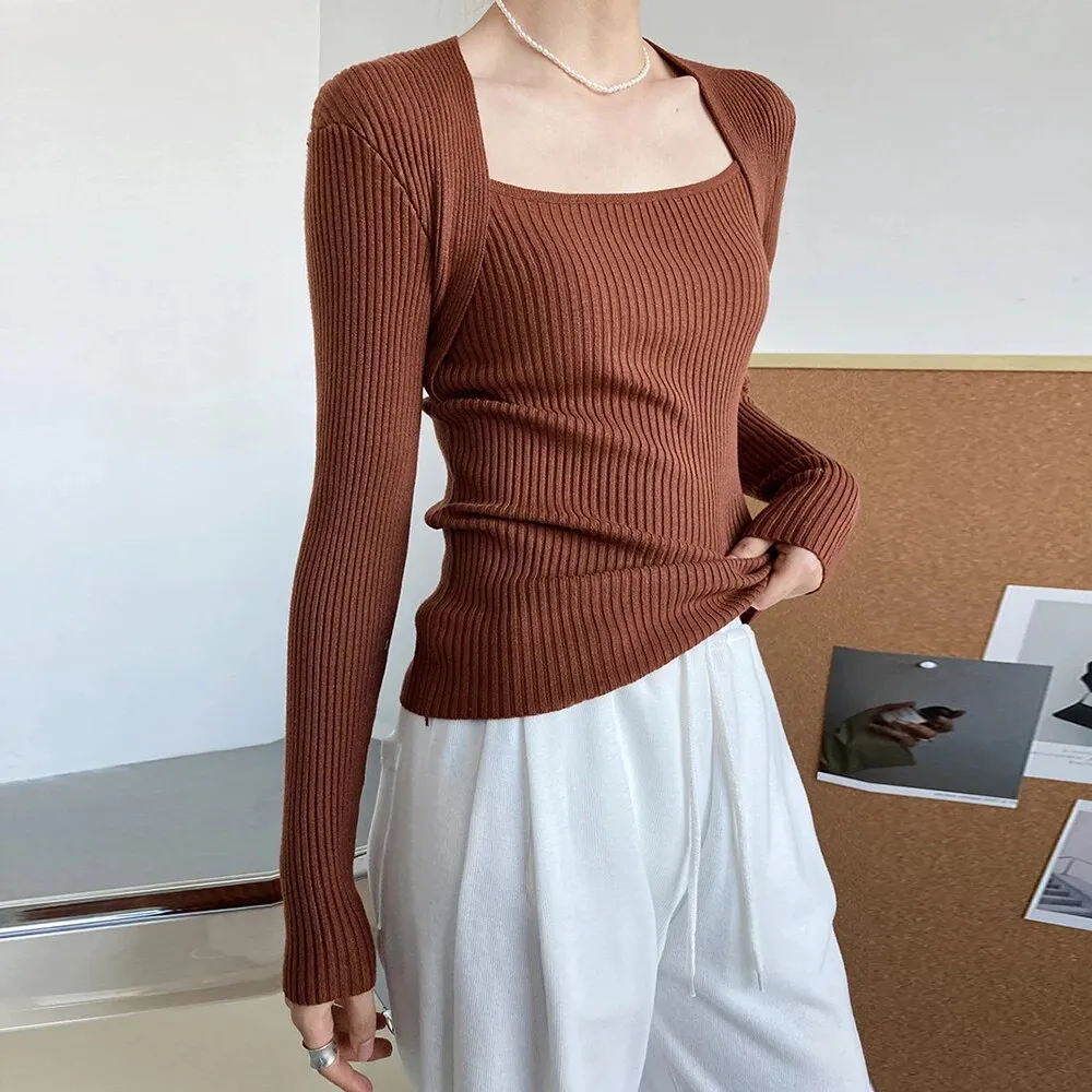 Solid Patchwork Folds Knitted Sweater For Women Square Collar Long Sleeve Slim Minimalist Sweater Female Fashion