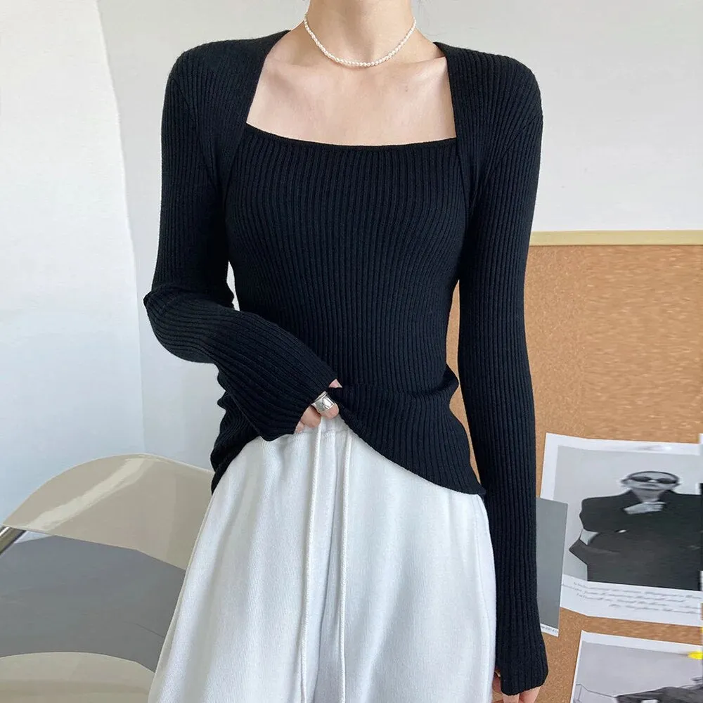 Solid Patchwork Folds Knitted Sweater For Women Square Collar Long Sleeve Slim Minimalist Sweater Female Fashion