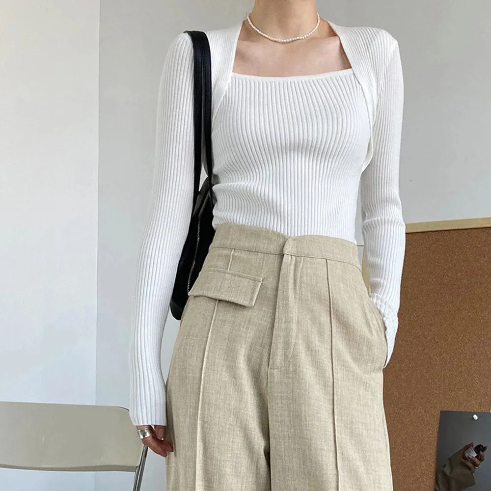 Solid Patchwork Folds Knitted Sweater For Women Square Collar Long Sleeve Slim Minimalist Sweater Female Fashion