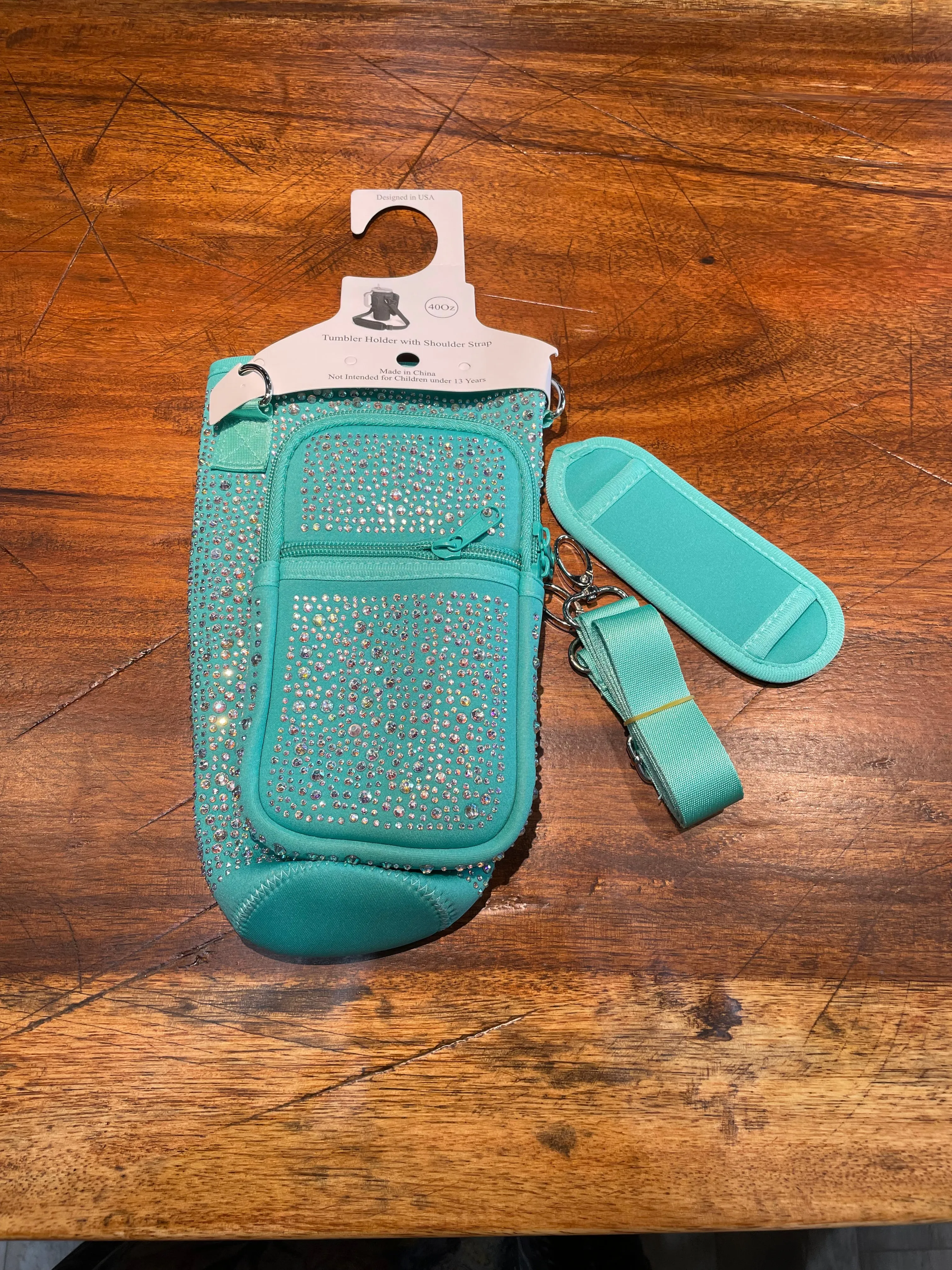 Sparkly Tumbler Pouch with Phone Pockets and Strap