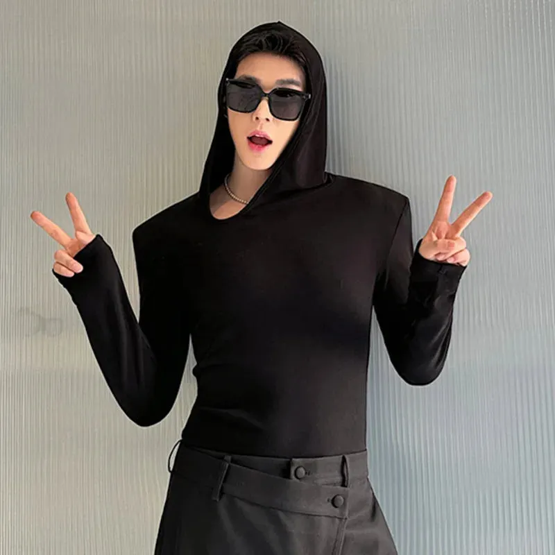 Spring Menwear Male T-shirt Niche Design Hooded Long Sleeve Top Tight Irregular Slanted Neckline Shoulder Pads 9C5064