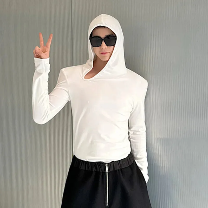 Spring Menwear Male T-shirt Niche Design Hooded Long Sleeve Top Tight Irregular Slanted Neckline Shoulder Pads 9C5064