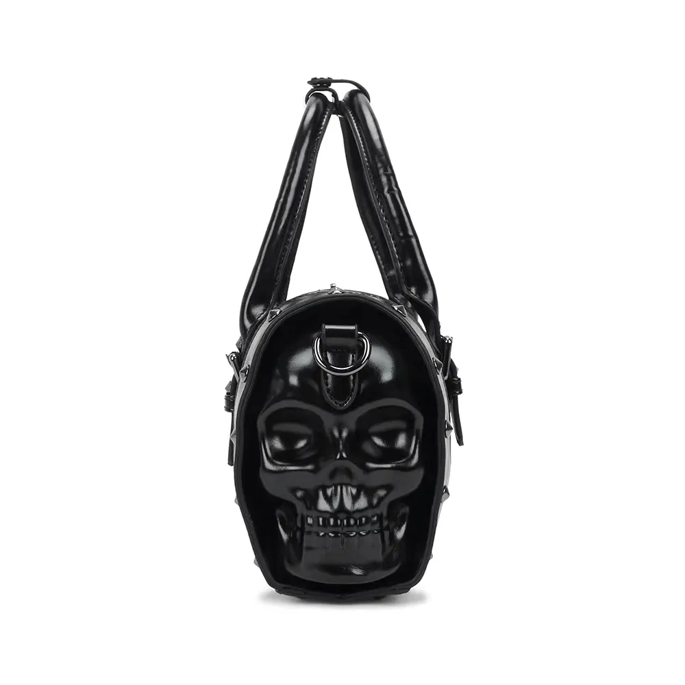 Steampunk Studded Double Skull Satchel Handbag / Gothic Black Bag With Strap