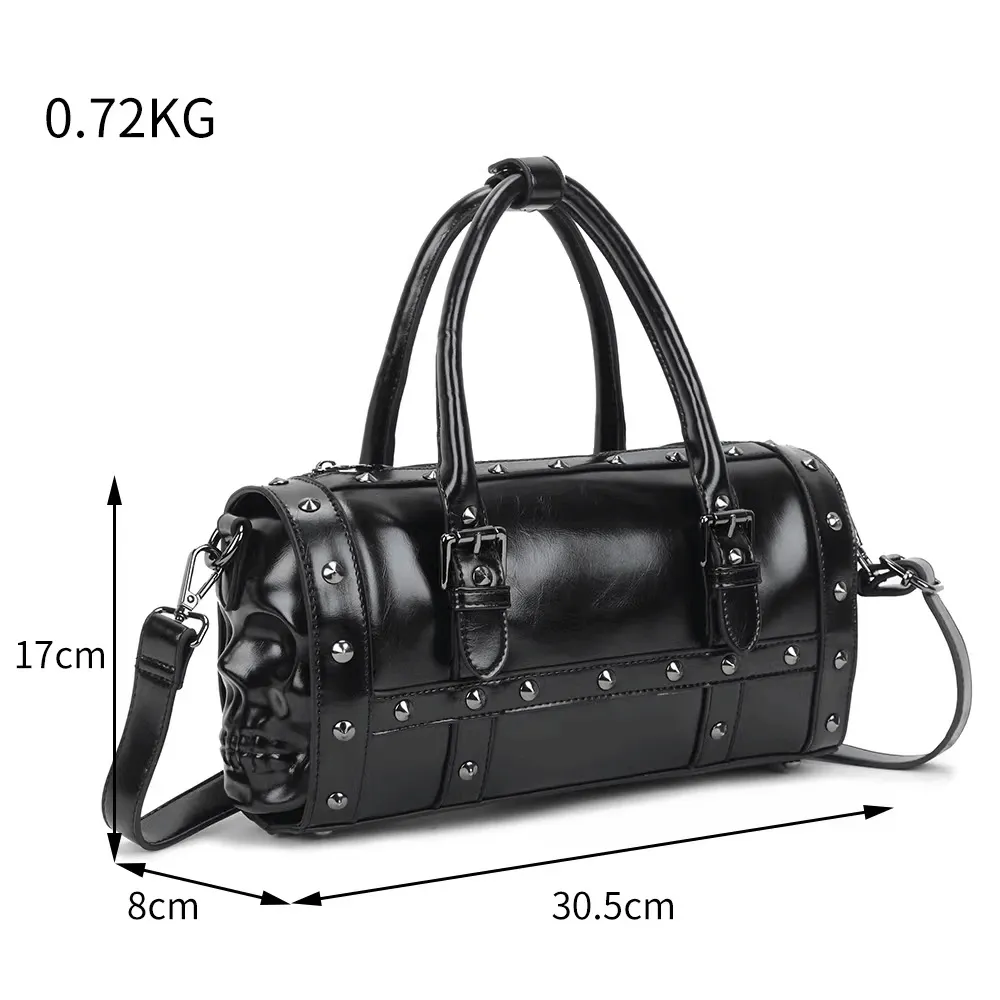 Steampunk Studded Double Skull Satchel Handbag / Gothic Black Bag With Strap