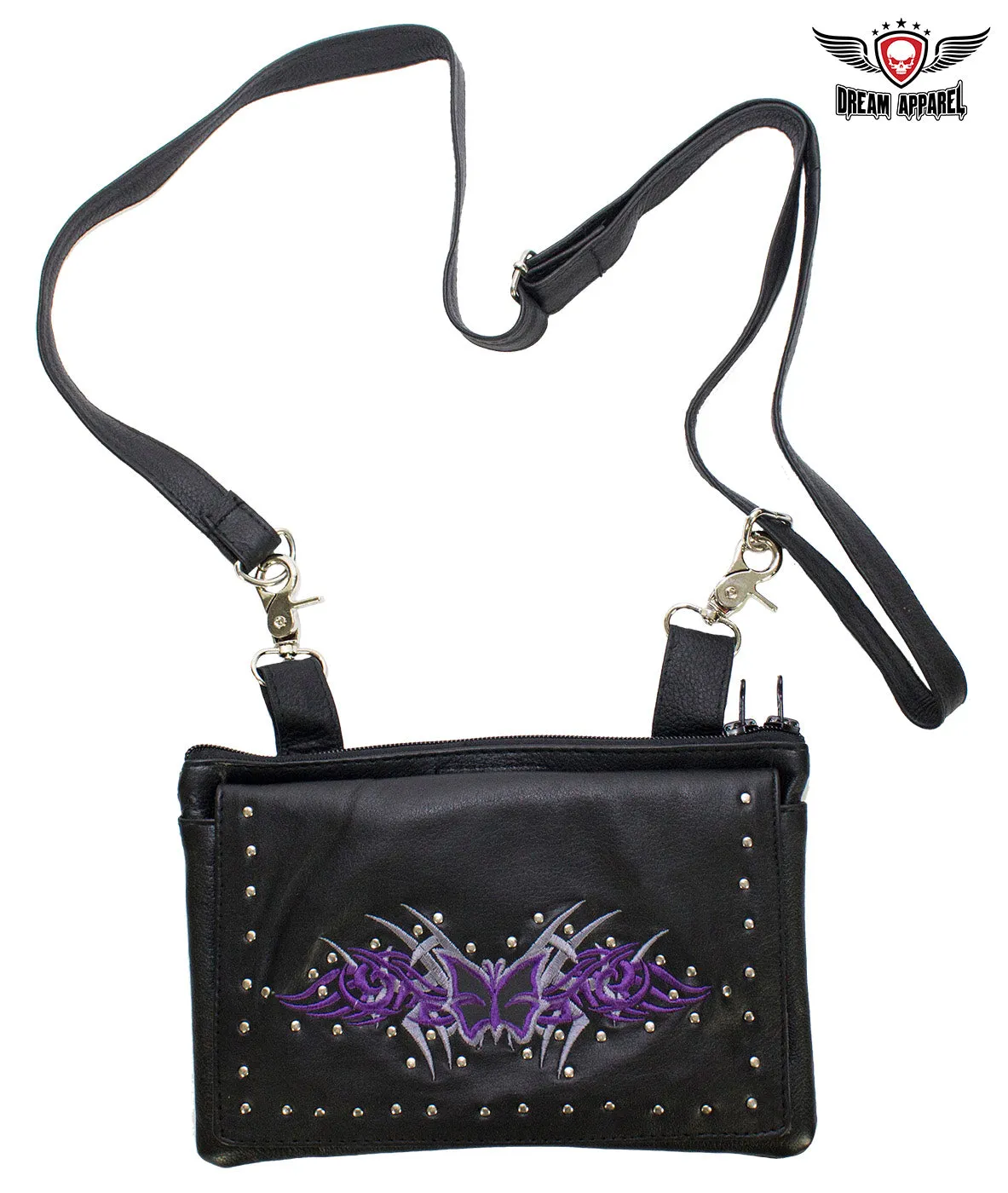 Studded Naked Cowhide Leather Gun Holster Belt Bag with Purple & Silver Butterfly