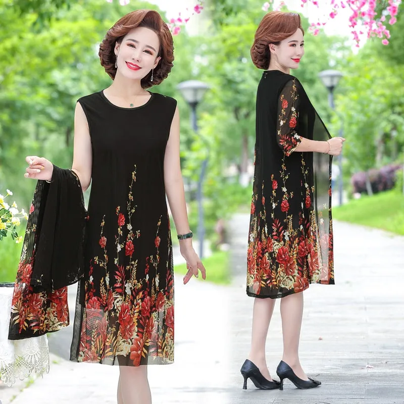 summer Net yarn 2 piece set dress cardigan women 4xl 5xl party midi flower dresses elegant vintage robe femme 2021