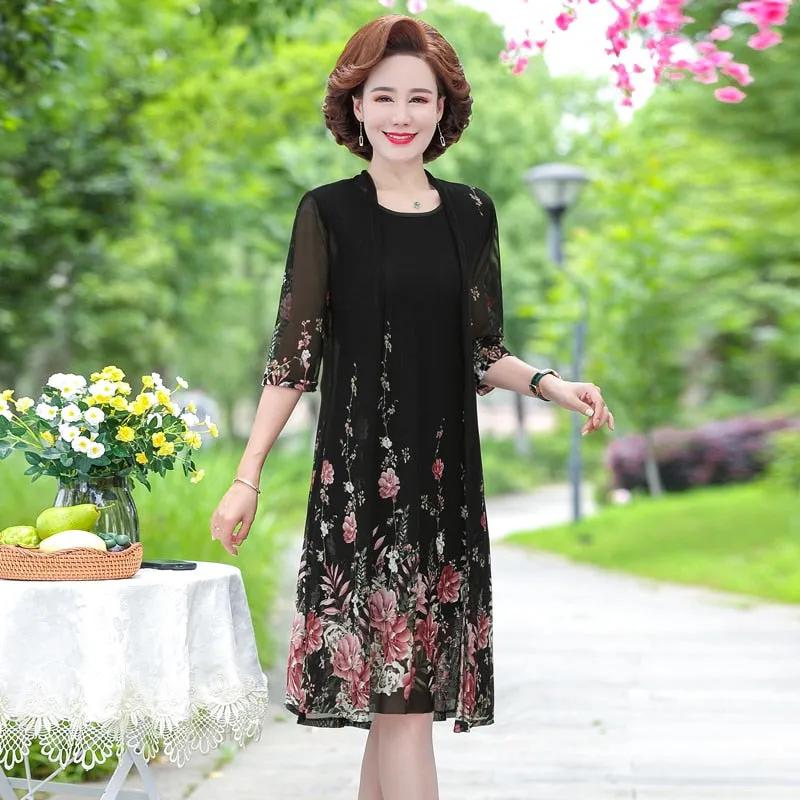 summer Net yarn 2 piece set dress cardigan women 4xl 5xl party midi flower dresses elegant vintage robe femme 2021