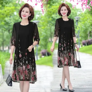 summer Net yarn 2 piece set dress cardigan women 4xl 5xl party midi flower dresses elegant vintage robe femme 2021