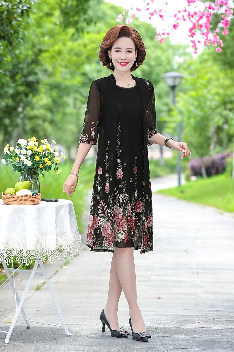 summer Net yarn 2 piece set dress cardigan women 4xl 5xl party midi flower dresses elegant vintage robe femme 2021