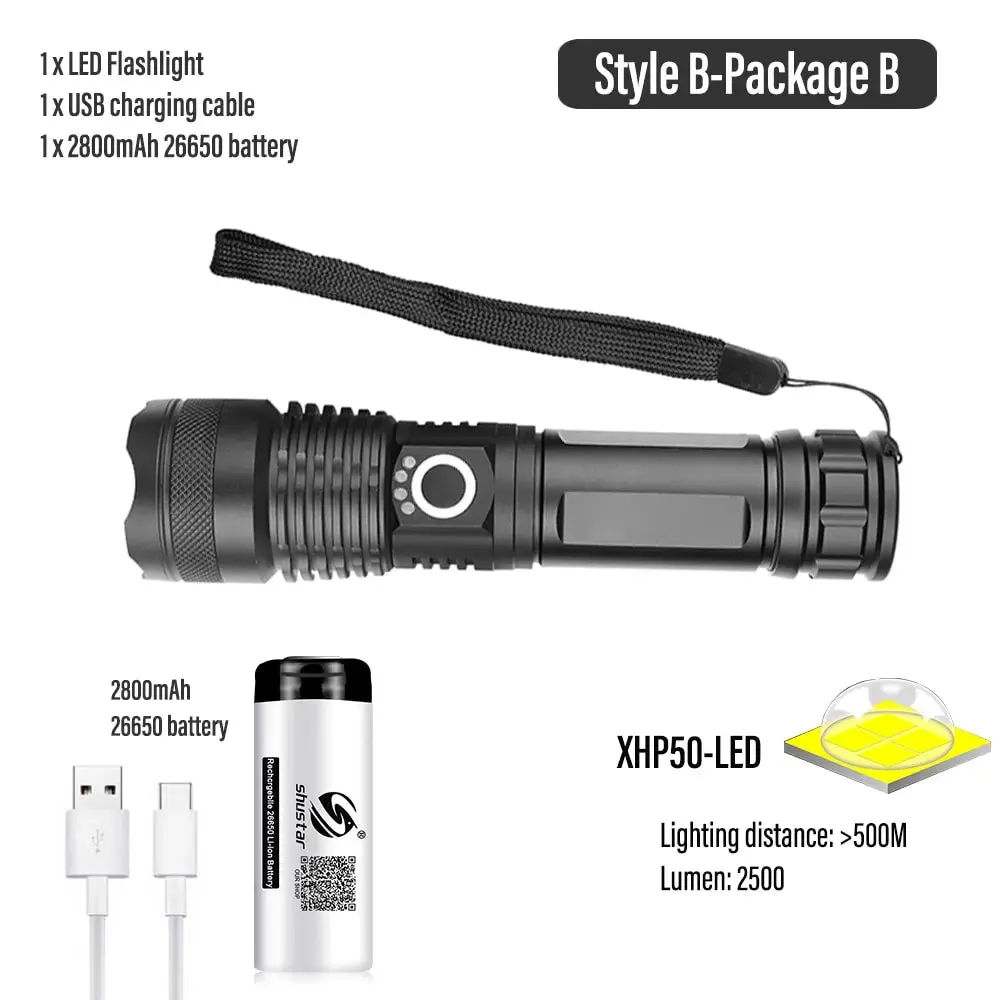 Super Bright LED Flashlight USB Rechargeable Torch Light With 30W LED Can Illuminate 1500 Meters Tactical Lantern