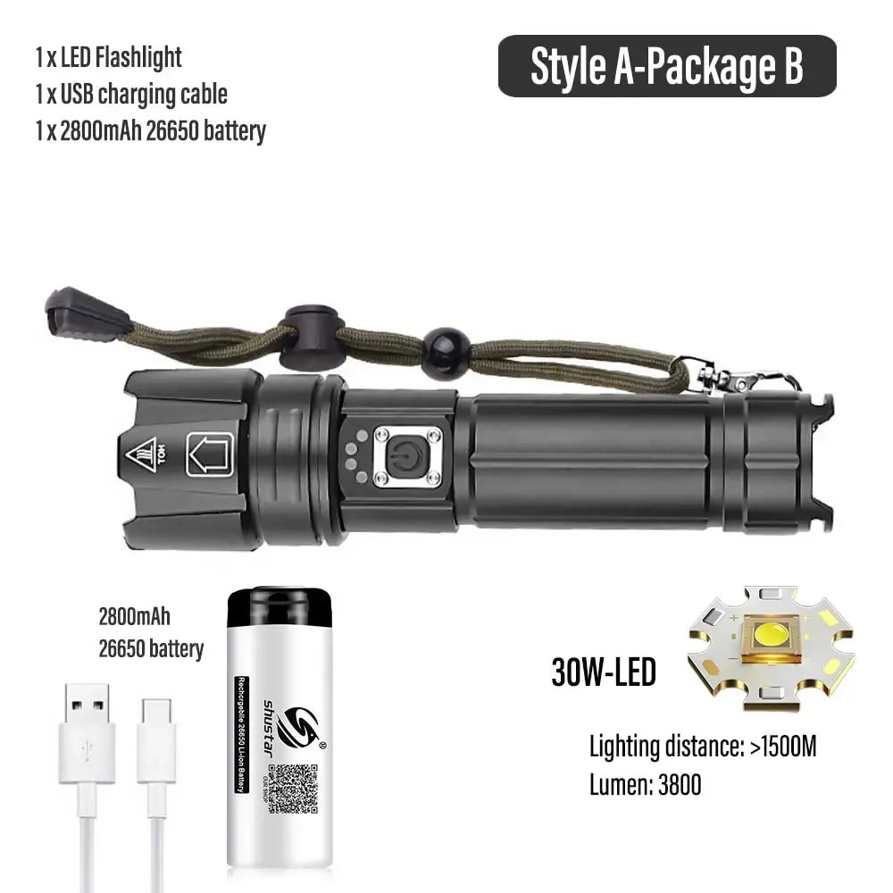 Super Bright LED Flashlight USB Rechargeable Torch Light With 30W LED Can Illuminate 1500 Meters Tactical Lantern