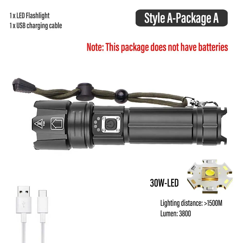 Super Bright LED Flashlight USB Rechargeable Torch Light With 30W LED Can Illuminate 1500 Meters Tactical Lantern