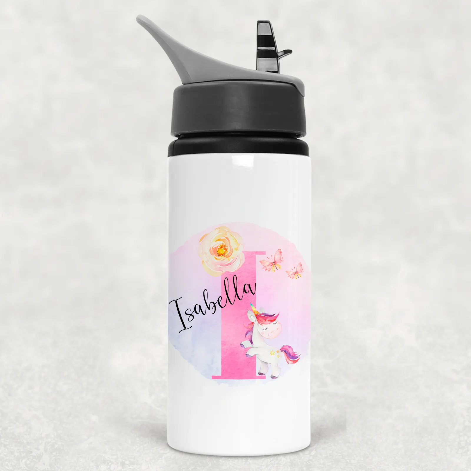 Unicorn Alphabet Personalised Aluminium Straw Water Bottle 650ml