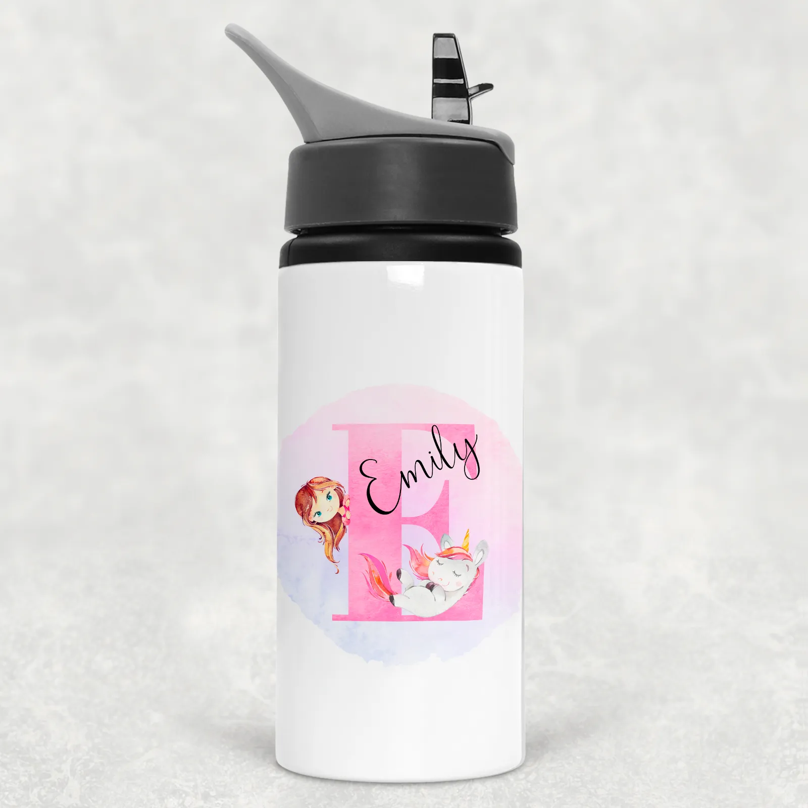 Unicorn Alphabet Personalised Aluminium Straw Water Bottle 650ml