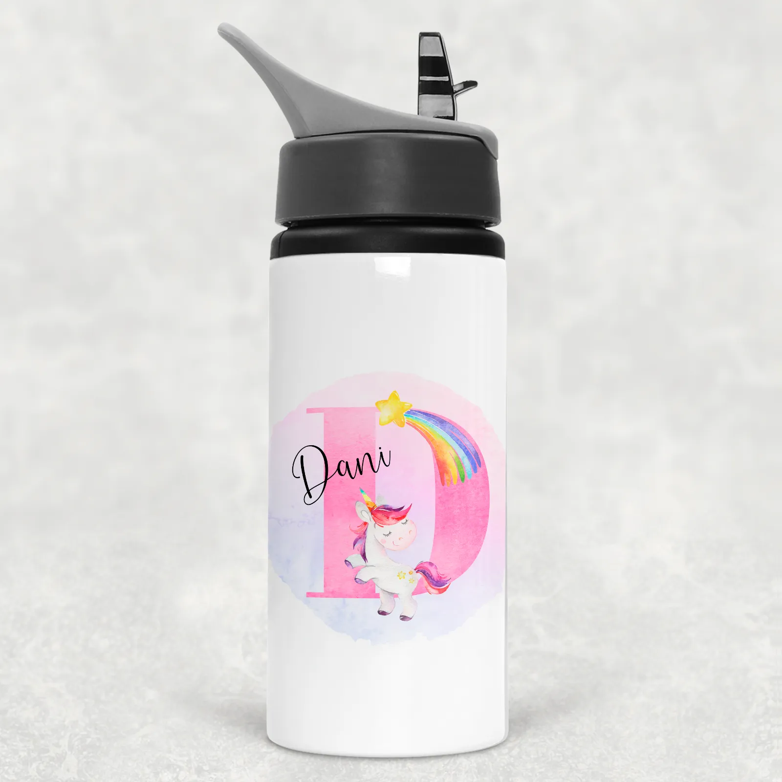 Unicorn Alphabet Personalised Aluminium Straw Water Bottle 650ml