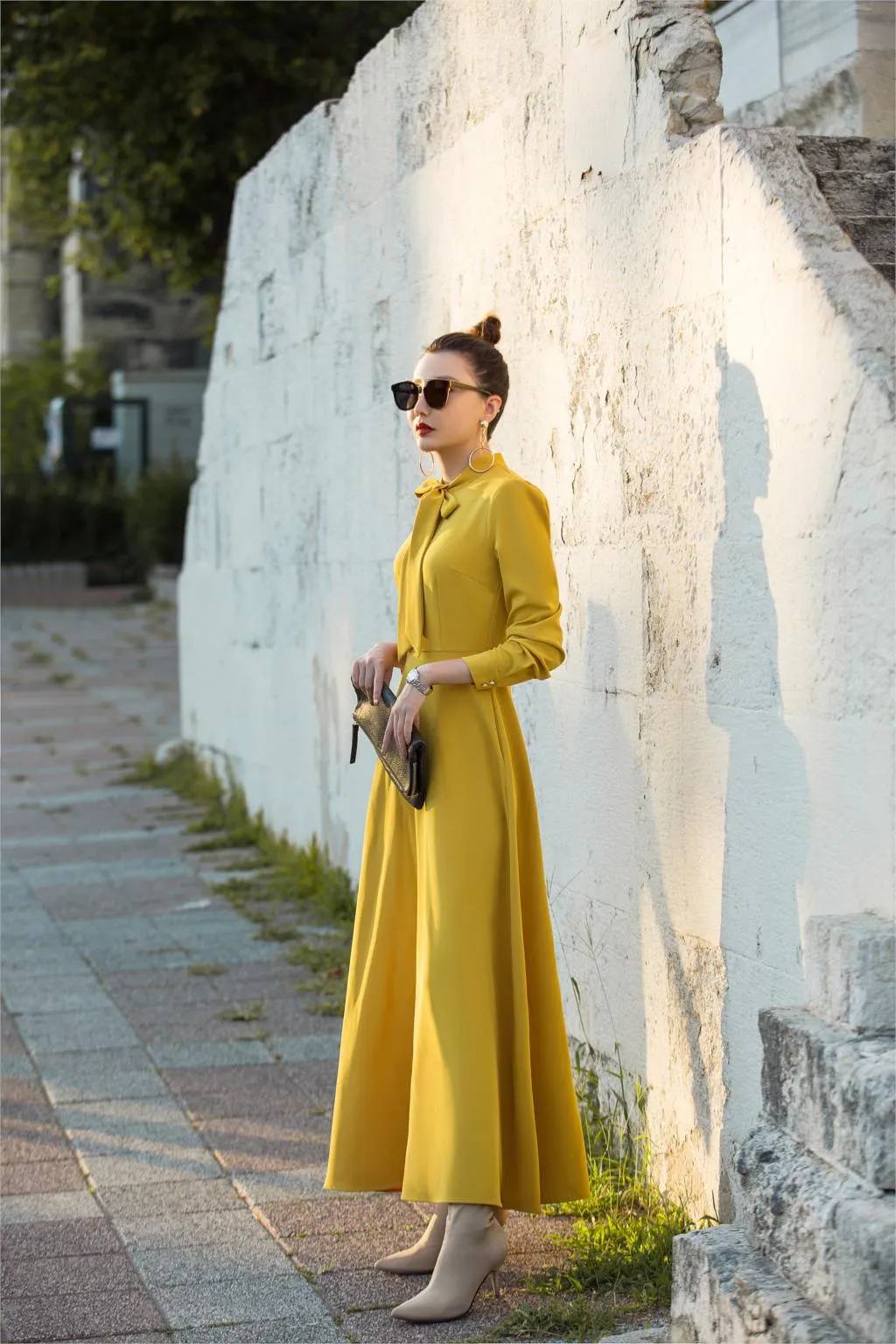 VenusFox vintage long sleeve maxi elegant dress with pocket