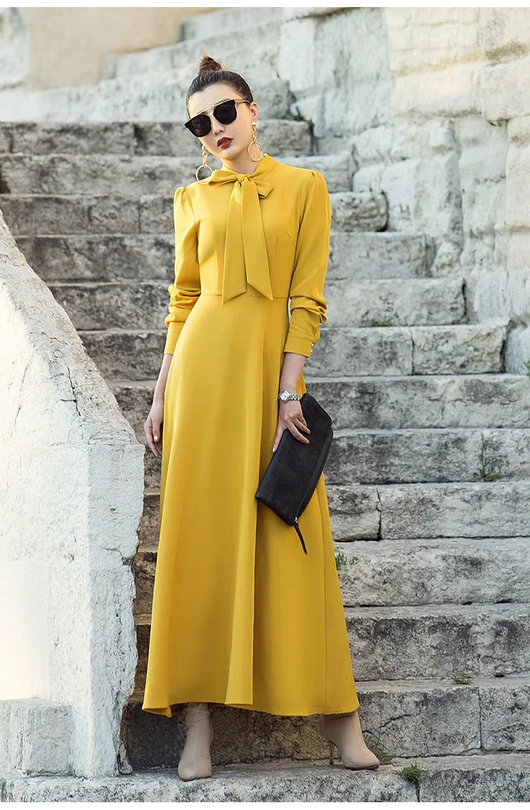 VenusFox vintage long sleeve maxi elegant dress with pocket