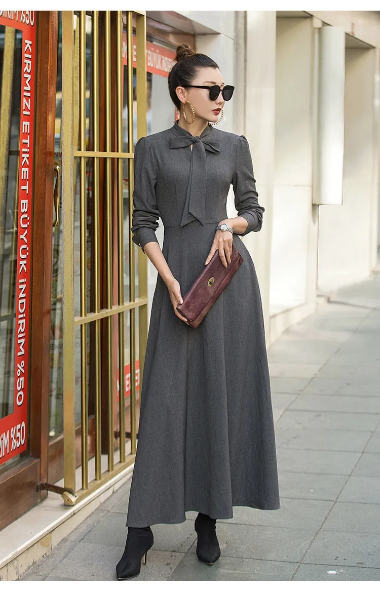 VenusFox vintage long sleeve maxi elegant dress with pocket