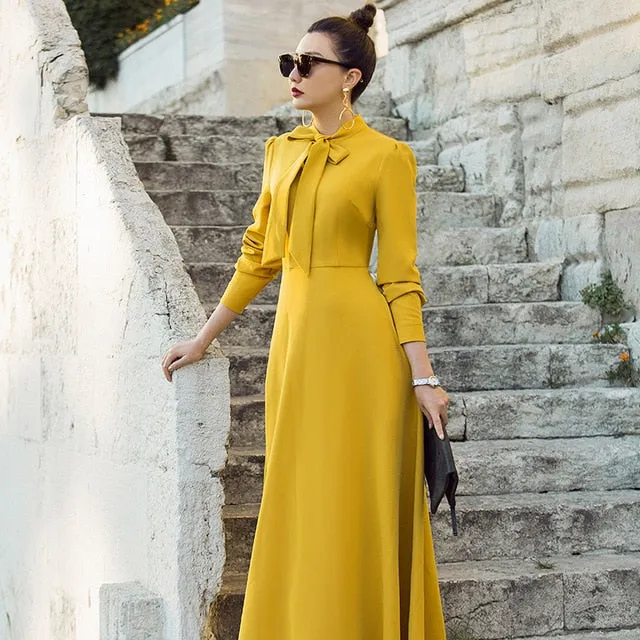 VenusFox vintage long sleeve maxi elegant dress with pocket