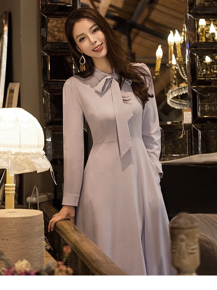 VenusFox vintage long sleeve maxi elegant dress with pocket