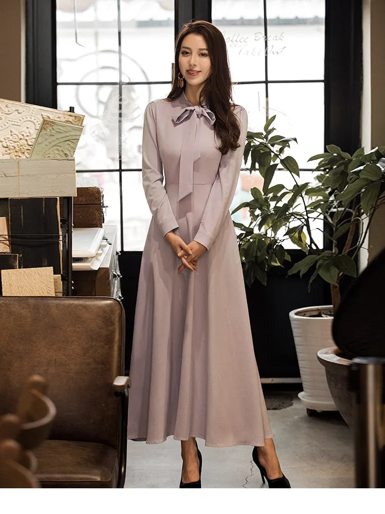 VenusFox vintage long sleeve maxi elegant dress with pocket