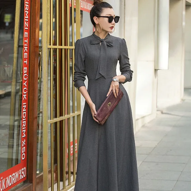 VenusFox vintage long sleeve maxi elegant dress with pocket