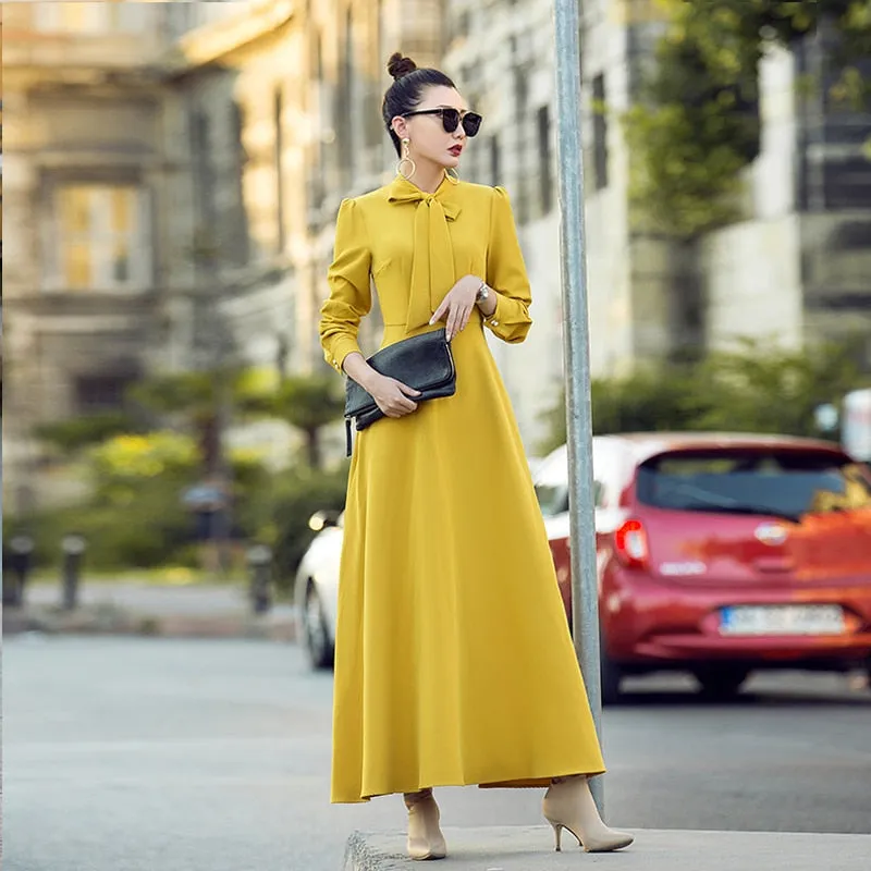 VenusFox vintage long sleeve maxi elegant dress with pocket