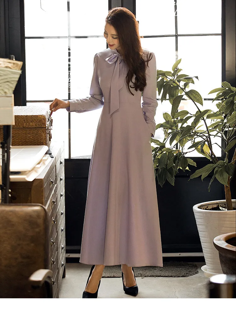 VenusFox vintage long sleeve maxi elegant dress with pocket