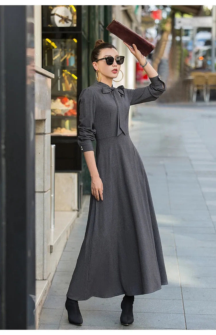 VenusFox vintage long sleeve maxi elegant dress with pocket