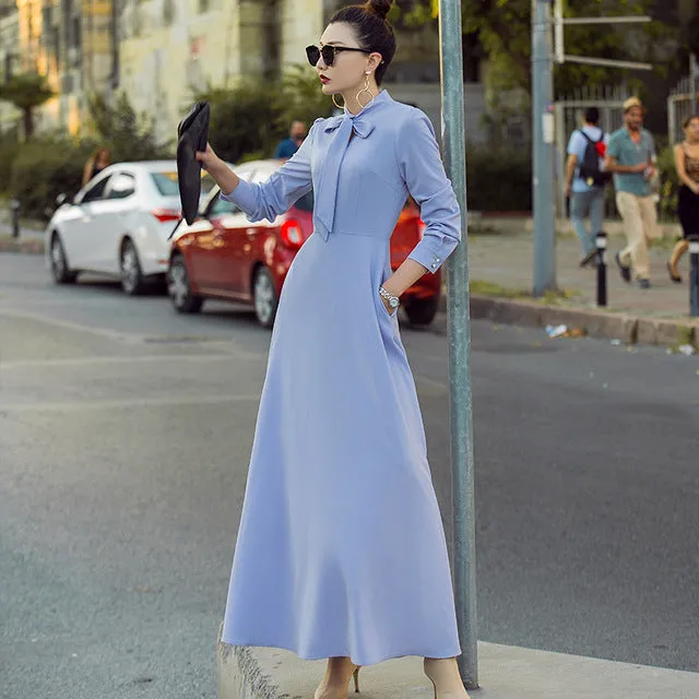 VenusFox vintage long sleeve maxi elegant dress with pocket