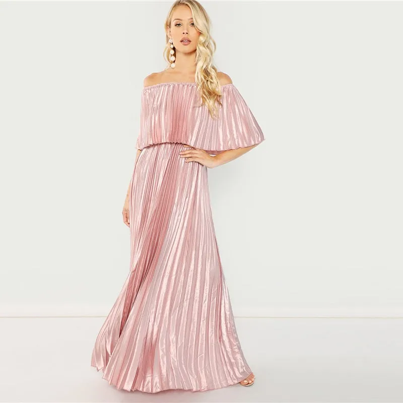 VenusFox Womens Pink Off the Shoulder Pleated Satin Sexy Party Club Elegant Maxi Dress