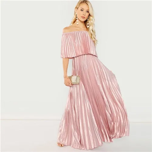 VenusFox Womens Pink Off the Shoulder Pleated Satin Sexy Party Club Elegant Maxi Dress