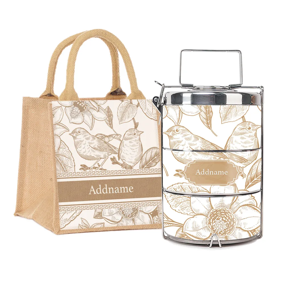 Vintage Birds Artline Series 3-Tier Premium Medium 13.5cm Tiffin Carrier [FREE Custom Add Name]