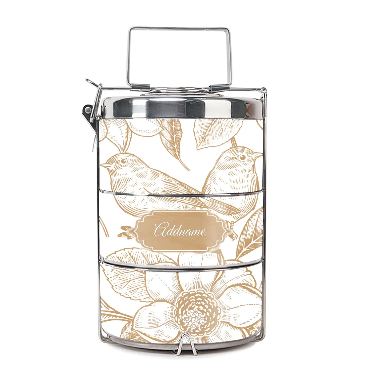 Vintage Birds Artline Series 3-Tier Premium Medium 13.5cm Tiffin Carrier [FREE Custom Add Name]