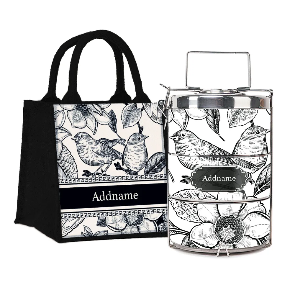 Vintage Birds Artline Series 3-Tier Premium Medium 13.5cm Tiffin Carrier [FREE Custom Add Name]