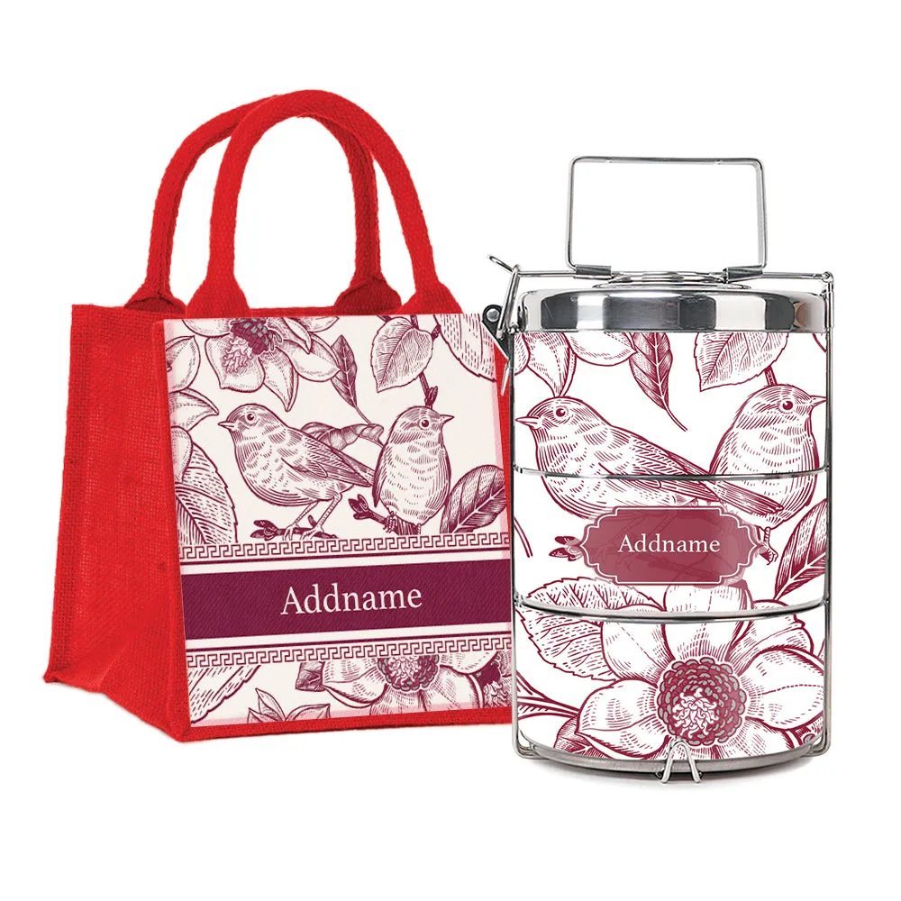 Vintage Birds Artline Series 3-Tier Premium Medium 13.5cm Tiffin Carrier [FREE Custom Add Name]