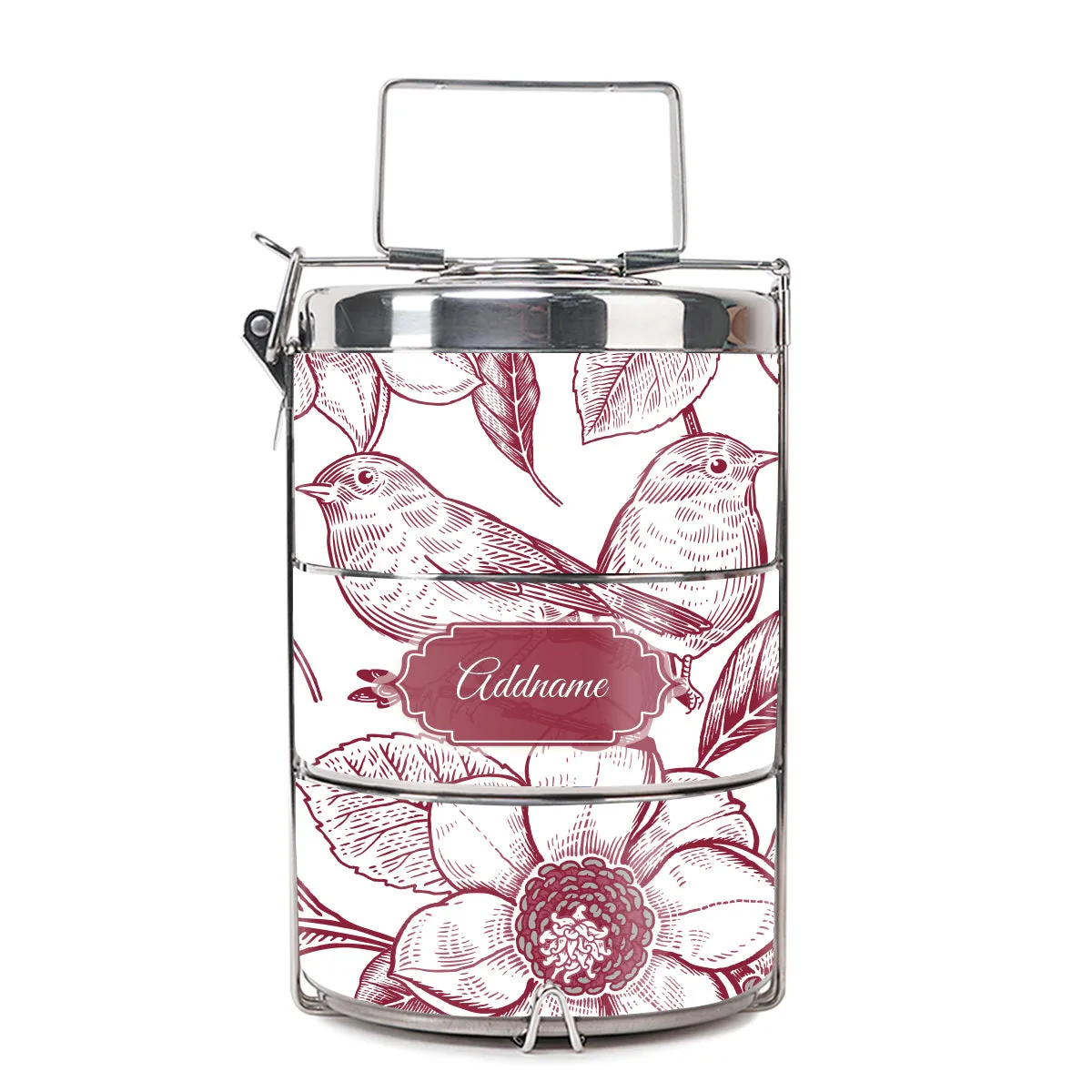 Vintage Birds Artline Series 3-Tier Premium Medium 13.5cm Tiffin Carrier [FREE Custom Add Name]