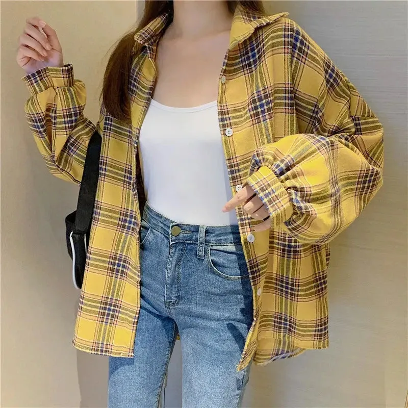 Vintage Preppy Style Loose Check Shirts