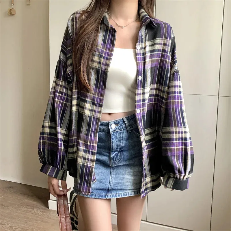 Vintage Preppy Style Loose Check Shirts