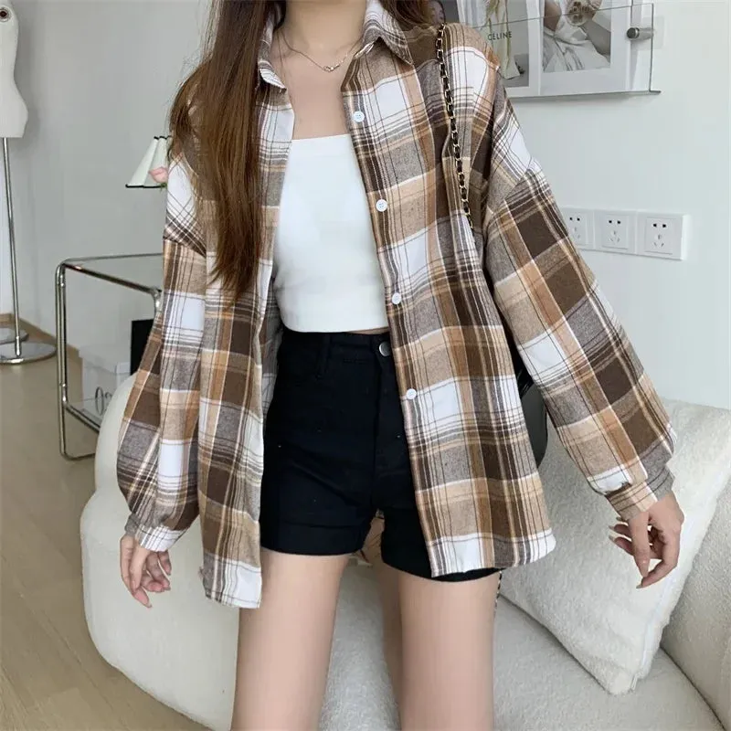 Vintage Preppy Style Loose Check Shirts