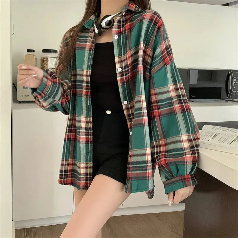 Vintage Preppy Style Loose Check Shirts