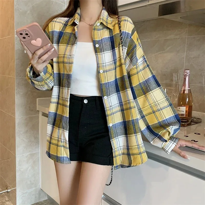 Vintage Preppy Style Loose Check Shirts