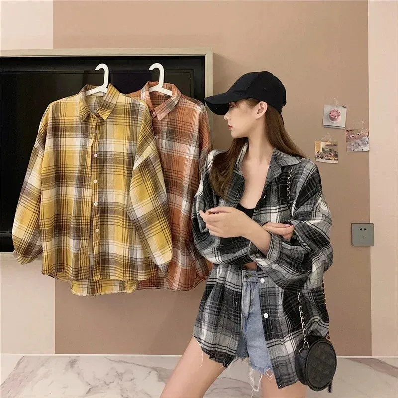 Vintage Preppy Style Loose Check Shirts