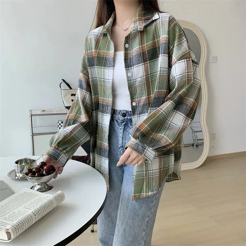 Vintage Preppy Style Loose Check Shirts