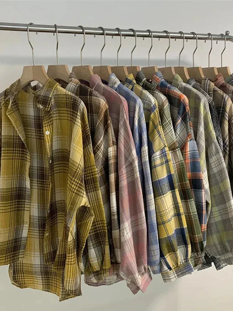 Vintage Preppy Style Loose Check Shirts