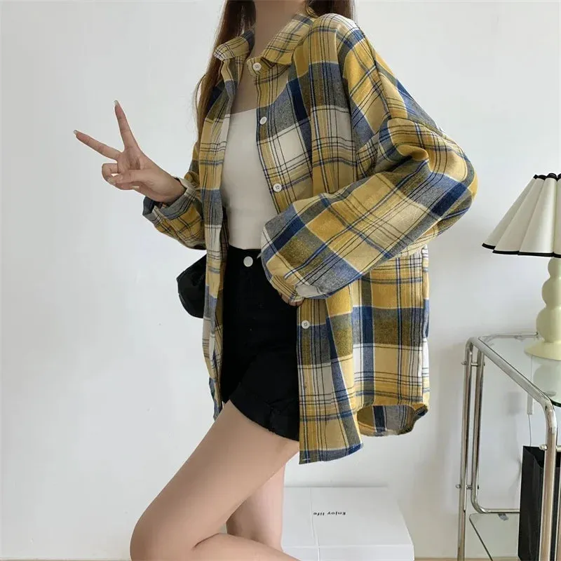 Vintage Preppy Style Loose Check Shirts