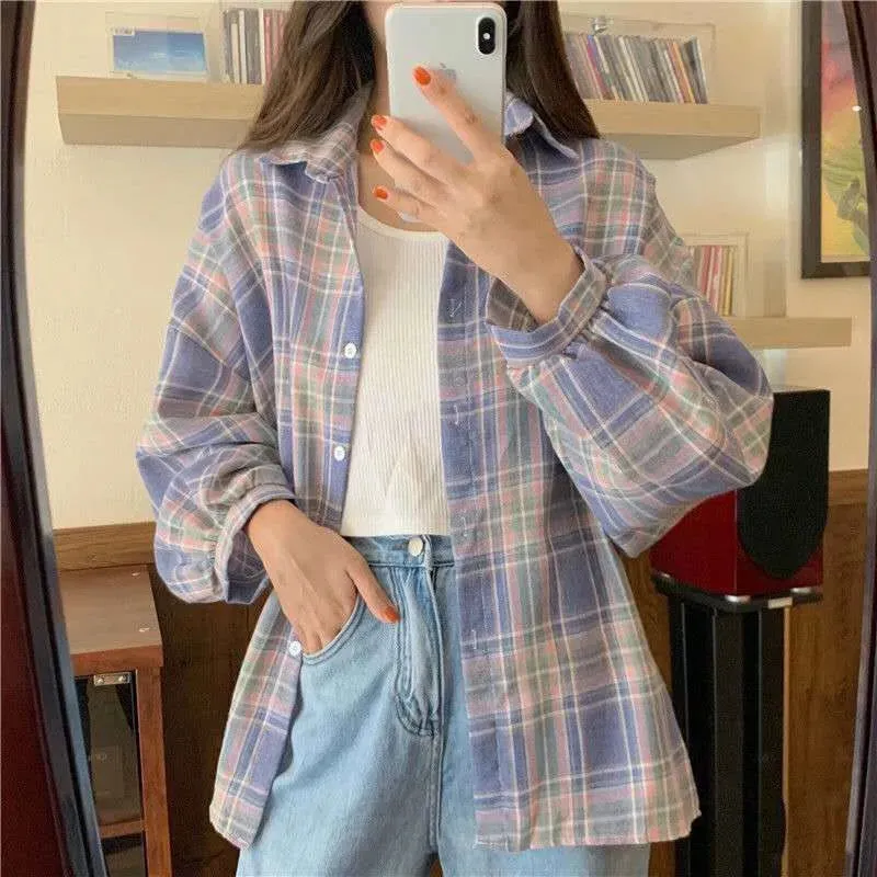 Vintage Preppy Style Loose Check Shirts