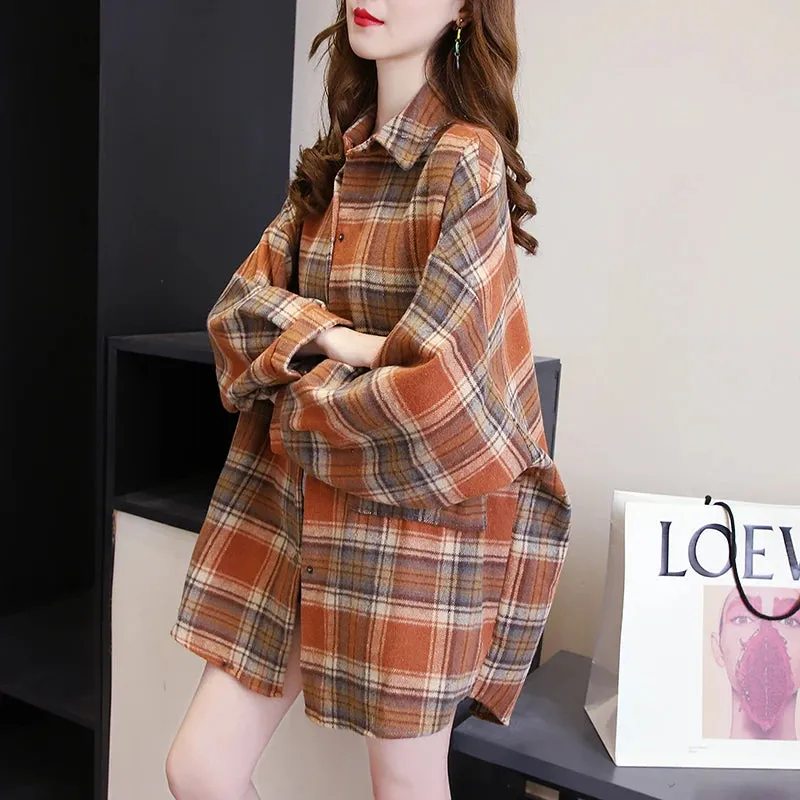 Vintage Preppy Style Loose Check Shirts