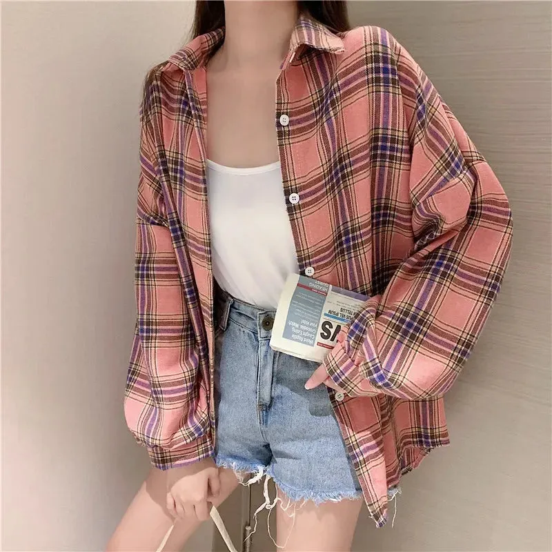 Vintage Preppy Style Loose Check Shirts